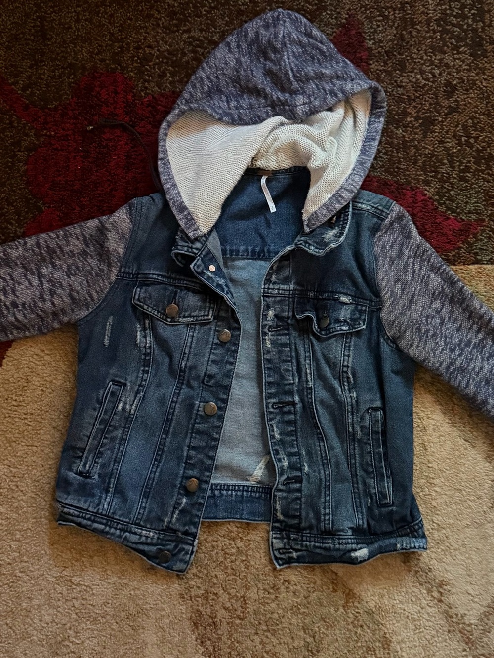 Free People Distressed Denim Knit Sleeve Hooded Jacket Blue S/P